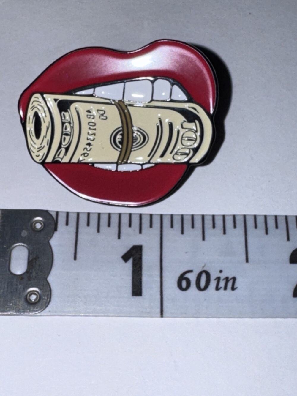 Red Lips Mouth Biting Roll Of $100 Hundred Dollar Bills Pin Brooch